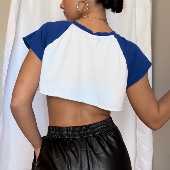 Bershka Activewear Ultra Cropped Royal Blue White Retro Style Ringer Tee - Picture 4 of 5